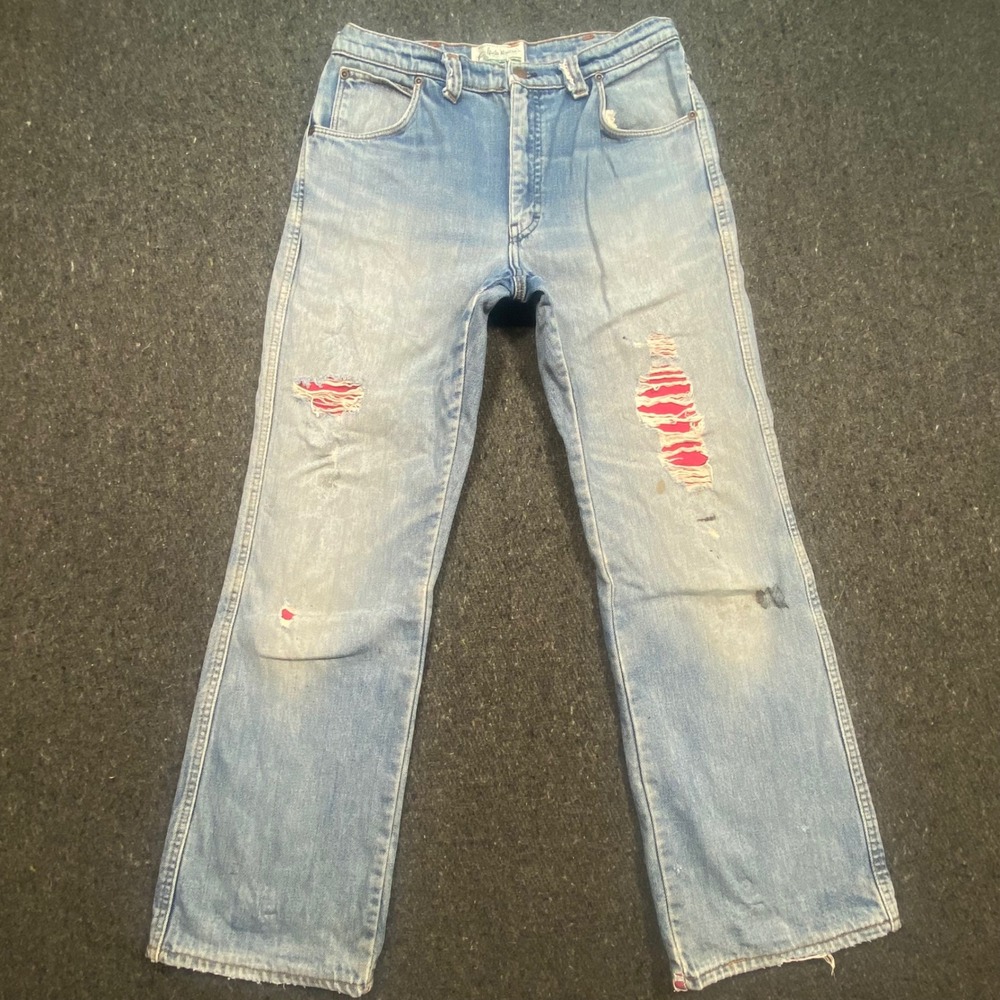 Gander Mountain Jeans 30 Mens Blue Vintage Distressed Pink Lined‎ Straight Leg
